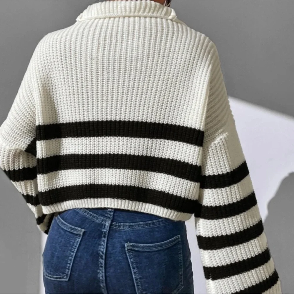 Cozy Striped Zipper Knit Oversized Sweater XS S M L - Picture 3 of 4